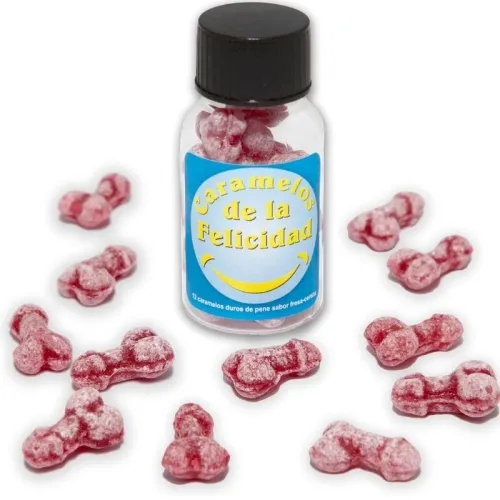 Bottle containing red, penis-shaped candies, labelled "Caramelos de la Felicidad".