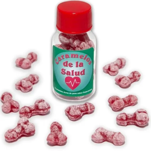A red candy jar labeled "Caramelos de la Salud" (Candy of Health), surrounded by red, bone-shaped candies.