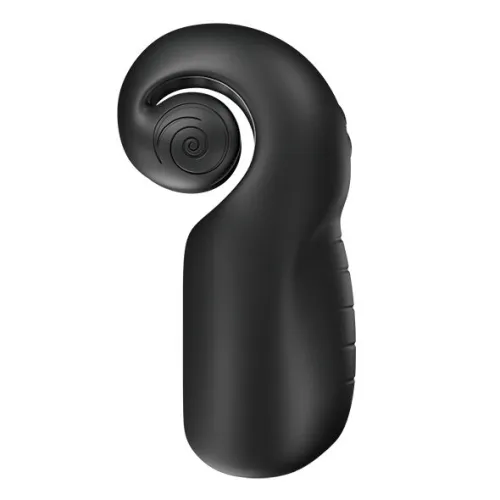 Schwarzes, ergonomisch geformtes Gerät mit spiralförmigem Detail an der Oberseite.