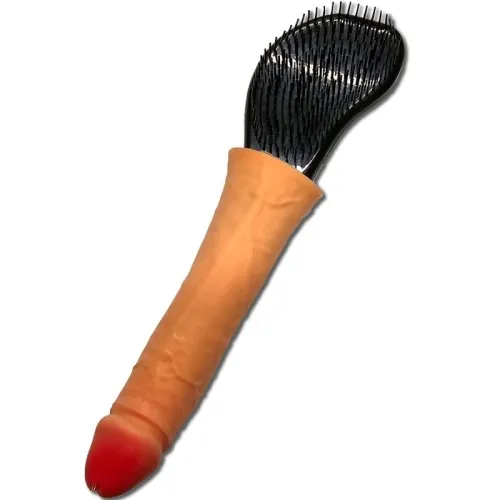 Hairbrush with an unusual handle in the shape of a realistic, skin-colored object.