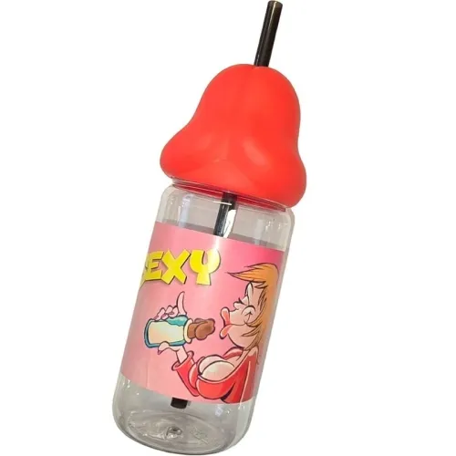 Transparent bottle with red cap, black straw and comic print with the word "SEXY".