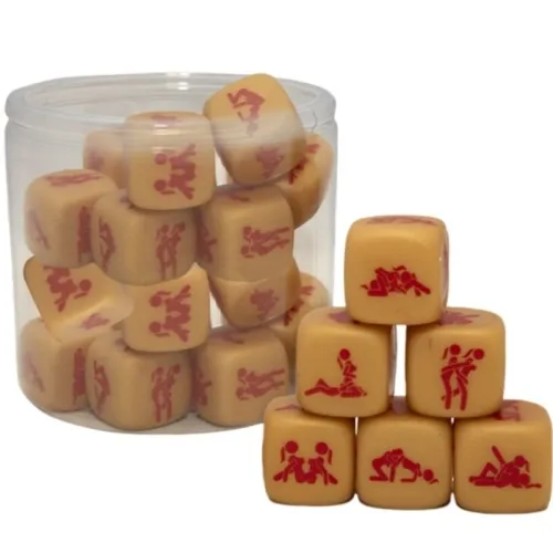 Beige dice with red symbols in a transparent container, some dice are stacked in front of it.