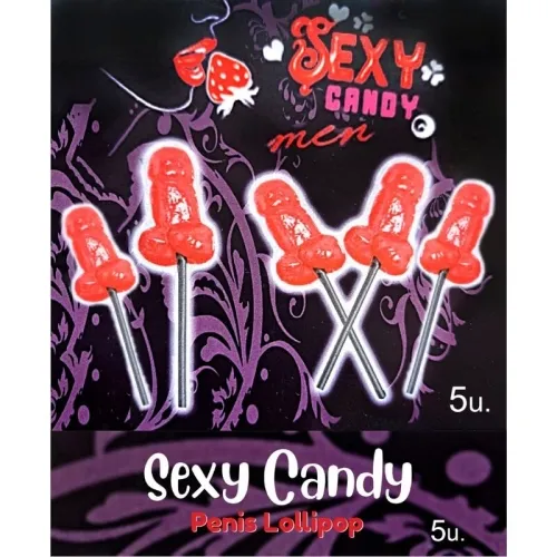 Five red lollipops in the shape of a penis on a black background with the inscription "Sexy Candy Penis Lollipop".