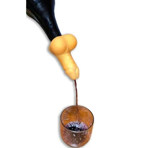 Wine bottle with an unusual spout that pours wine into a glass.