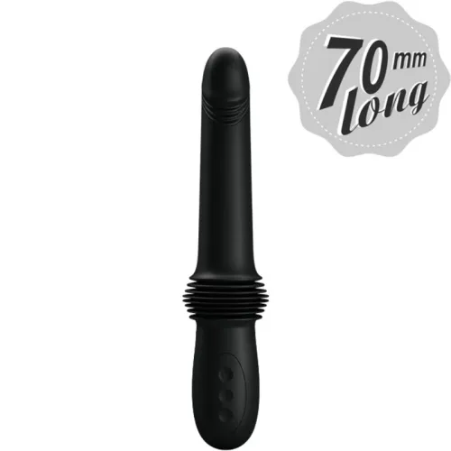 Black, elongated device with a ribbed middle and buttons, 70 mm long.