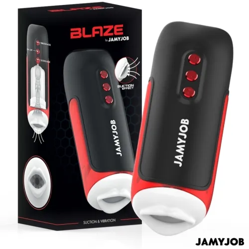 Schwarzes und rotes Gerät mit drei Knöpfen, Markenname "Jamyjob", Verpackung im Hintergrund.