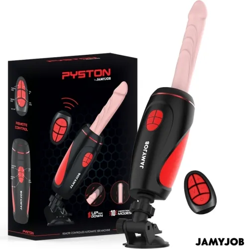 Black and red automatic sex toy with remote control and packaging, brand Jamyjob.