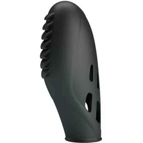 Black silicone oven mitt with ribbed handle and ventilation slots, side view.