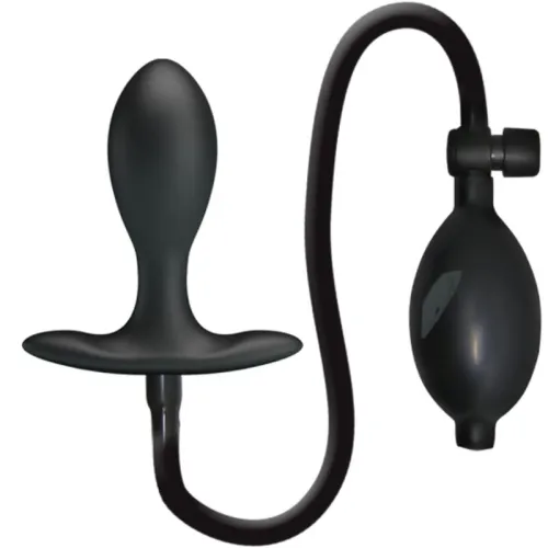 Schwarzer aufblasbarer Analplug mit Pumpe und Schlauch.