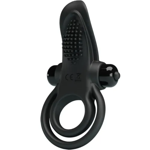 Black silicone vibration ring with nubs and two rings, CE marking visible.