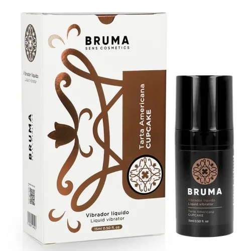 Packaging and bottle of Bruma Sens Cosmetics, Tarta Americana Cupcake, liquid vibrator, 15 ml.
