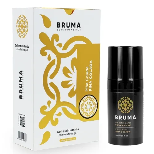 Bruma Sens Cosmetics Piña Colada Stimulating Gel, 15ml, in weißer Verpackung mit goldenen Verzierungen und schwarzer Flasche.