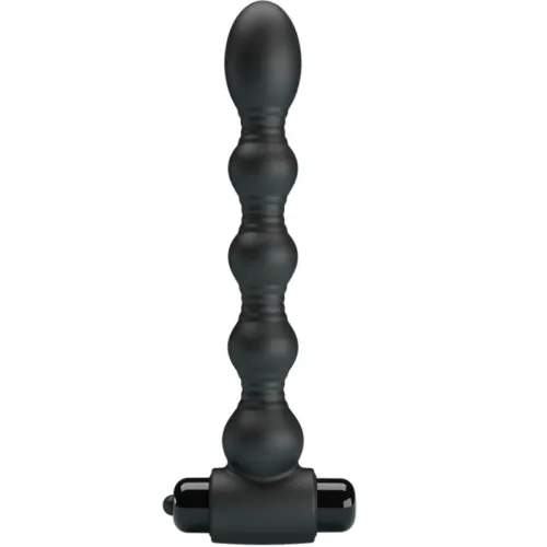 Black, textured massager with multiple balls and a rounded tip, vertically oriented.