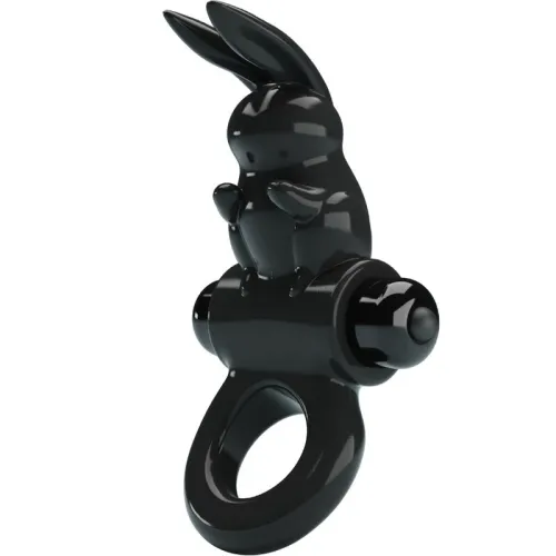 Black ring with a rabbit figure, shiny and modern design.