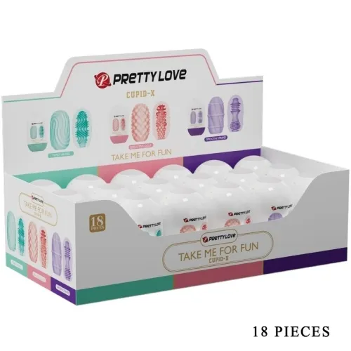 Packaging containing 18 white, egg-shaped products of the brand "Pretty Love" with various textures.