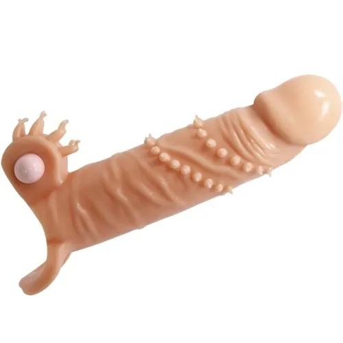 Silikon-Dildo mit Noppen und strukturiertem Design, beige, mit rosa Akzent an der Basis.