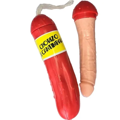 Two objects: A red sausage package with a label and a skin-colored object next to it.
