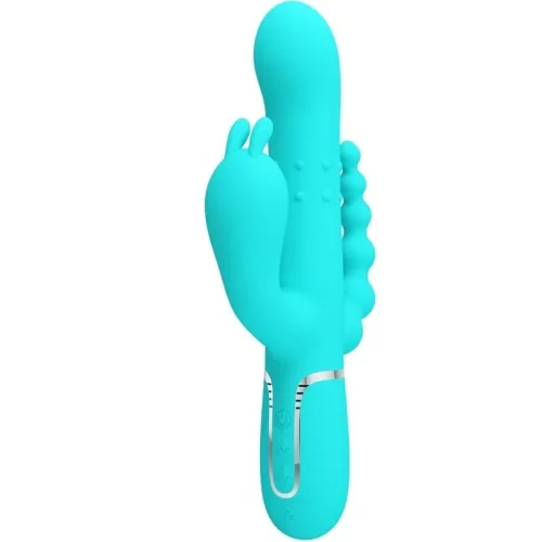 Turquoise vibrator with two arms and textured shaft, side controls.