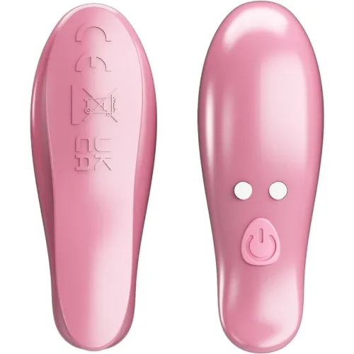 Two pink devices with a smooth surface, one with symbols, the other with two buttons and an on/off switch.