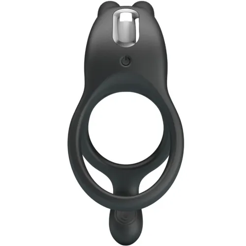 Black silicone ring with integrated vibrator and on/off switch, top view.