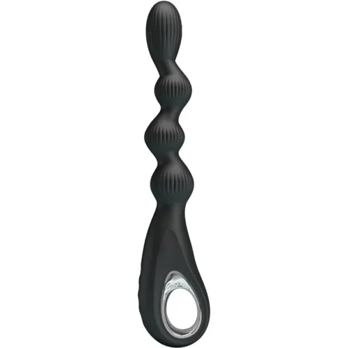 Black, ribbed silicone sex toy with ergonomic handle and multiple balls.