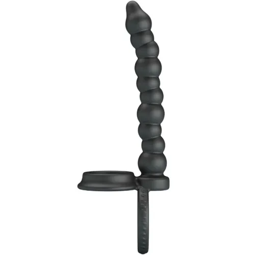 Black, spiral-shaped silicone toy with ring handle, shown from the side on a white background.
