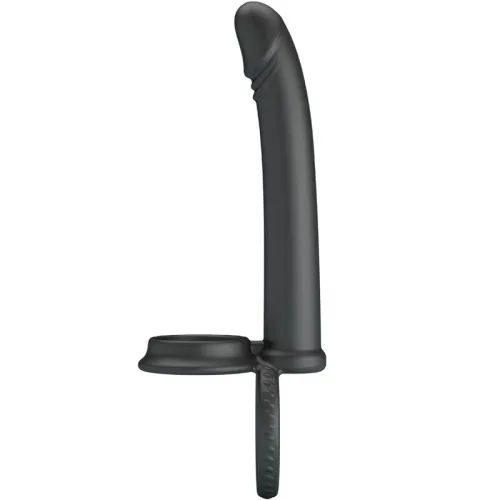 Black silicone sex toy with curved shaft and two rings, side view.