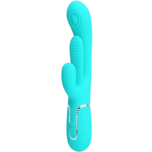 Turquoise vibrator with two attachments and controls at the base.
