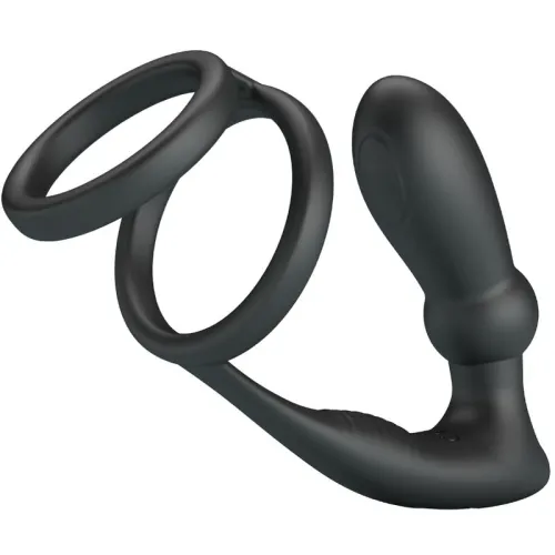 Black silicone cock ring with two rings and a curved stimulation arm.