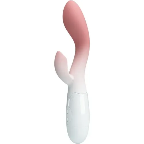 Pink and white vibrator with two arms and control buttons on the handle.