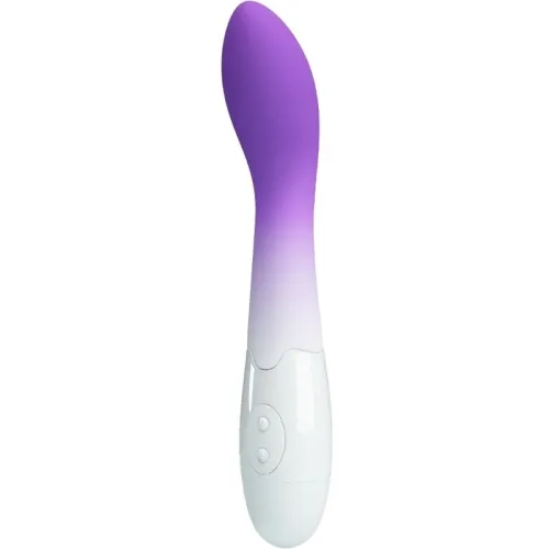 Purple and white vibrator with a curved shape and two buttons on the handle.