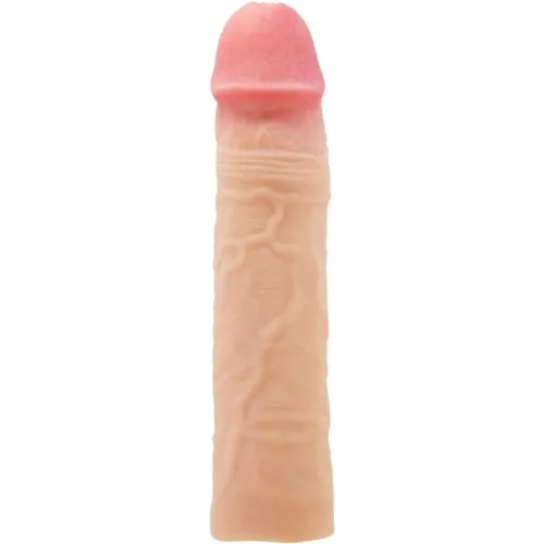 A skin-colored, realistically designed dildo with visible veins and a pink tip.
