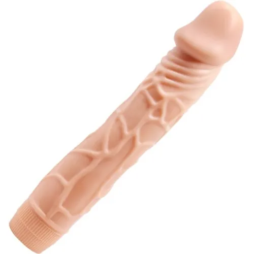 Beige dildo with a textured surface and rounded tip.