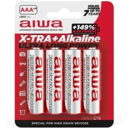 Four-pack of Aiwa AAA alkaline batteries, 1.5V, with long lifespan, suitable for devices with high energy consumption.