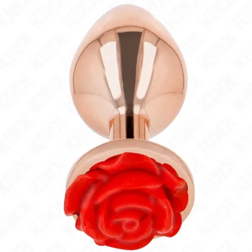 Copper-colored plug with red rose decoration at the end, on a white background.