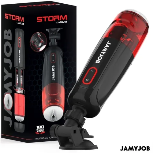 Electronic device "Storm" by Jamyjob in black and red with packaging in the background.
