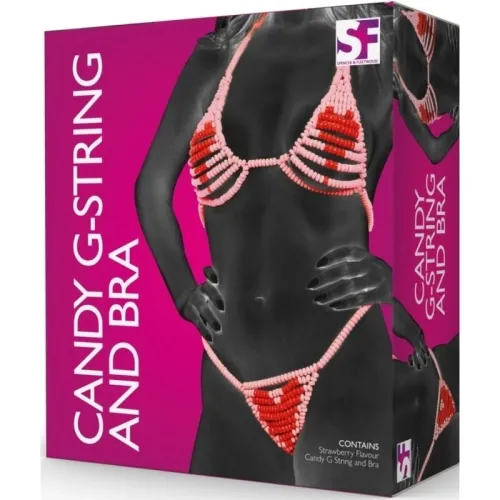 Verpackung eines Candy-G-Strings und BHs in Erdbeergeschmack, mit Bild einer Person, die das Set trägt.