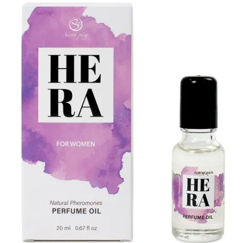 Parfümöl "Hera" für Frauen, 20 ml Flasche neben lila Verpackung mit schwarzem Deckel.