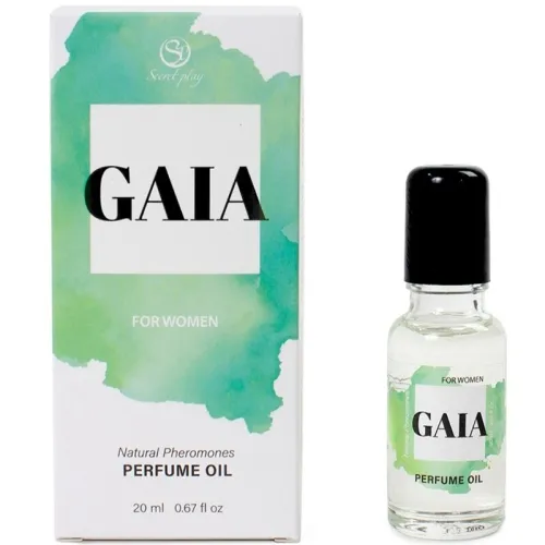 Parfümöl "GAIA" für Frauen, 20 ml Flasche neben der Verpackung mit grünem Design.