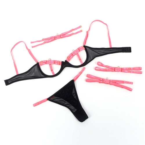 SUBBLIME - 955298 BH-SET MIT HALSKETTE UND BEINDETAILS FLUORESZIERENDES ROSA S/M