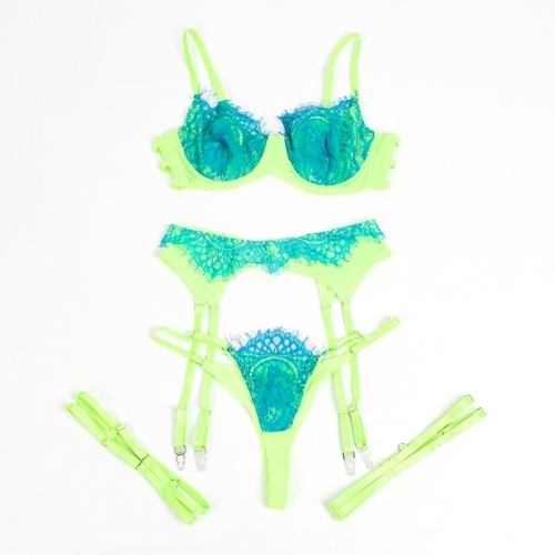 SUBBLIME - 955311 BH-SET MIT SPITZE UND STRUMPFBAND GRÜN UND BLAU S/M