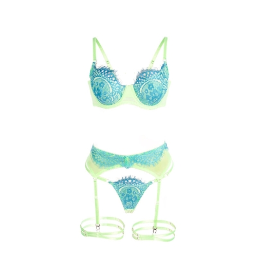 SUBBLIME - 955328 BH-SET MIT SPITZE UND STRUMPFBAND GRÜN UND BLAU L/XL