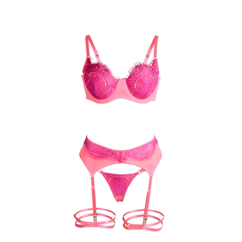 SUBBLIME - 955359 BH-SET MIT SPITZE UND STRUMPFBÄNDERN ROSA UND LILA S/M