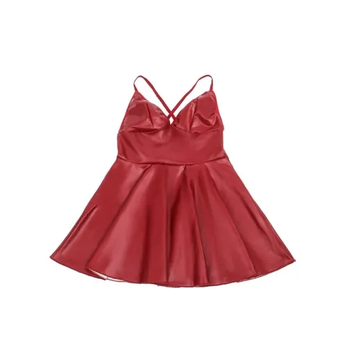 Kleid Mit Burgunderroten Lederträgern S/M – Subblime