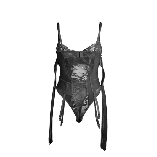 Lace bodysuit with bows and garters, black, S/M – Subblime