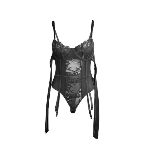 Lace bodysuit with bows and garters, black, S/M – Subblime