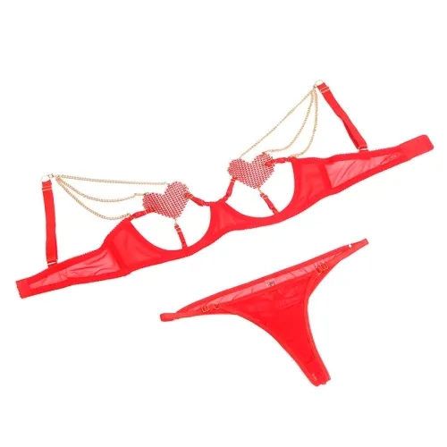 Bra Set with Chains and Mesh Heart Red L/XL – Subblime
