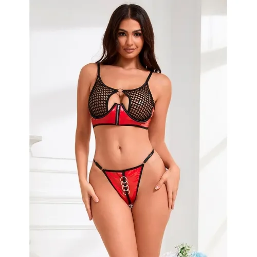 Red patent leather mesh zipper bra set L/XL – Subblime