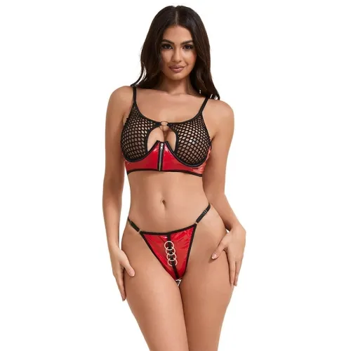 Woman in red and black lingerie set with mesh top and strap details.