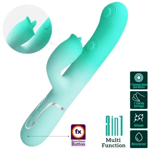 Türkiser Vibrator mit Klitoris-Stimulator, 7 Modi, wasserdicht, Silikon, 3-in-1-Funktion, Burst Climax Button.